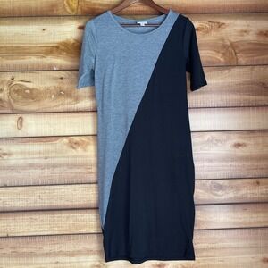 LuLaRoe Julia Dress Medium Gray‎ Black T-Shirt Short Sleeve Bodycon Stretch